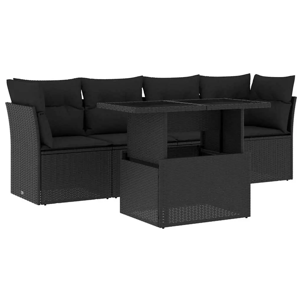 5 Piece Garden Sofa Set with Cushions Black Poly Rattan 3266345 - Furniture