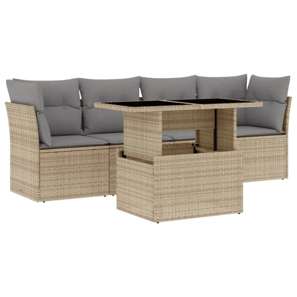 5 Piece Garden Sofa Set with Cushions Beige Poly Rattan 3266349 - Furniture
