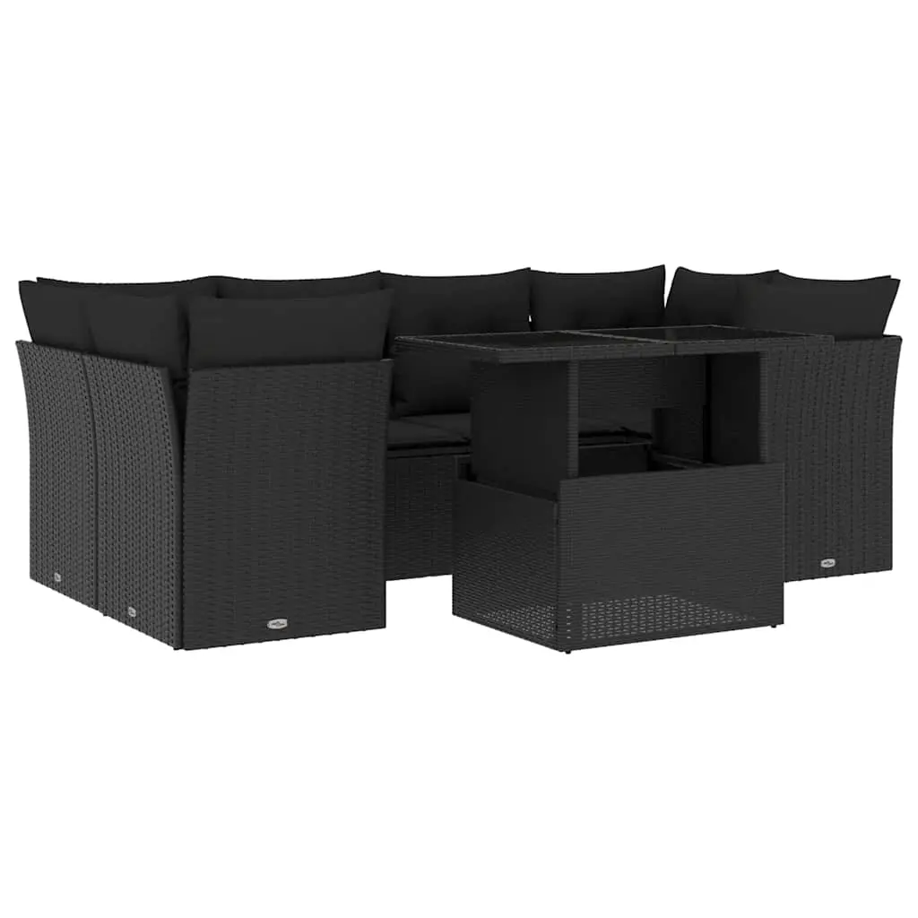 7 Piece Garden Sofa Set with Cushions Black Poly Rattan 3266375 - Furniture