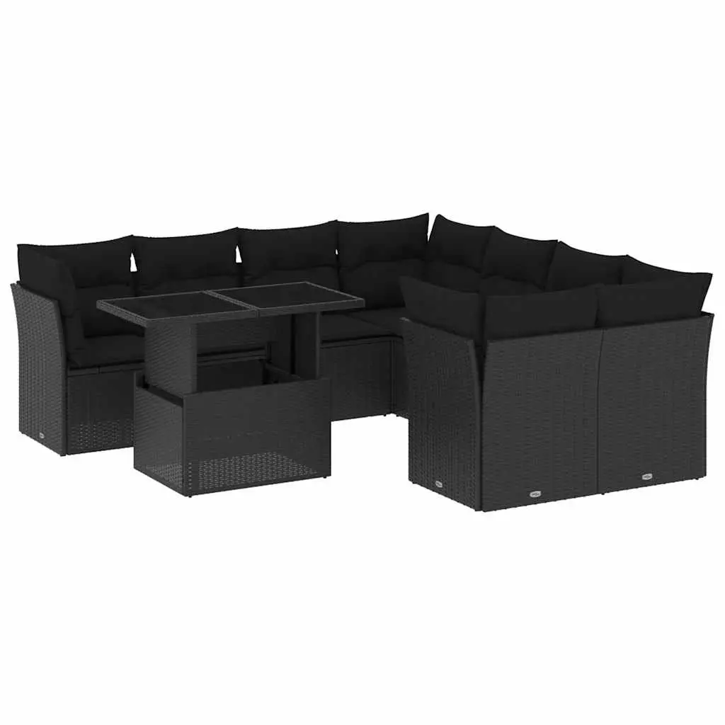 9 Piece Garden Sofa Set with Cushions Black Poly Rattan 3266425 - Furniture