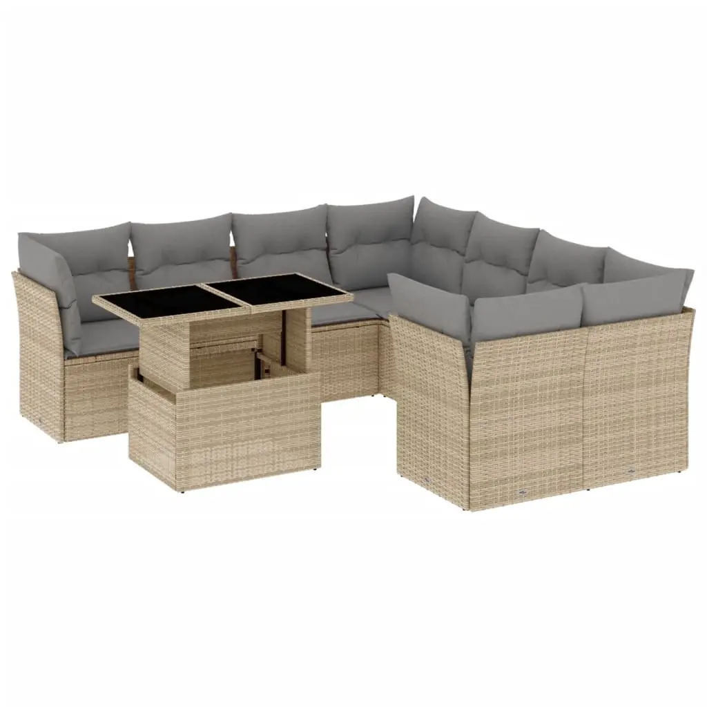9 Piece Garden Sofa Set with Cushions Beige Poly Rattan 3266429 - Furniture