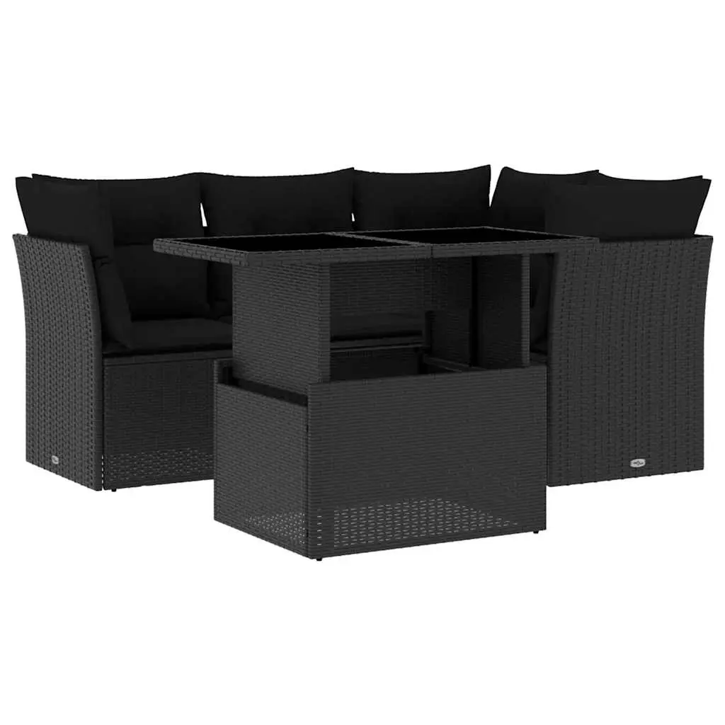 5 Piece Garden Sofa Set with Cushions Black Poly Rattan 3266555 - Furniture