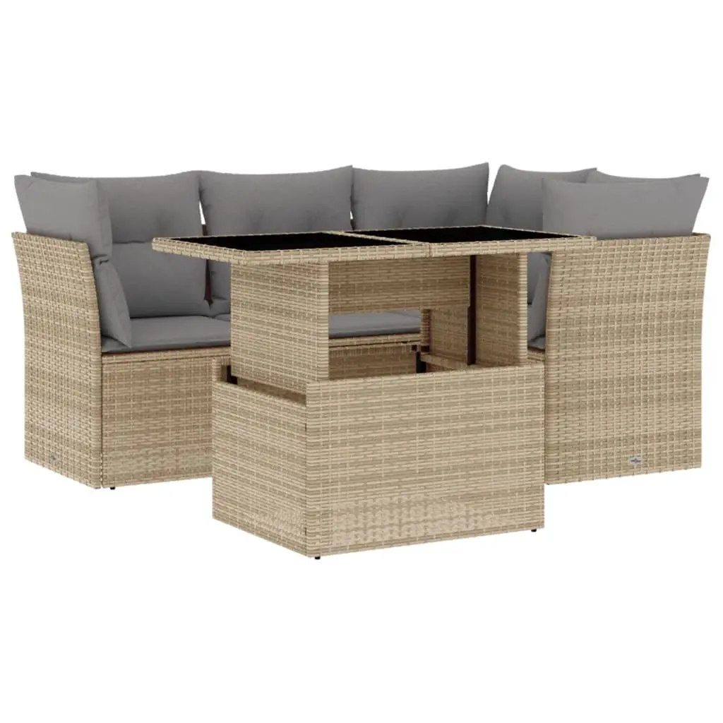 5 Piece Garden Sofa Set with Cushions Beige Poly Rattan 3266559 - Furniture