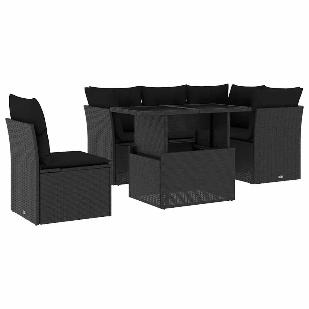 6 Piece Garden Sofa Set with Cushions Black Poly Rattan 3266585 - Furniture
