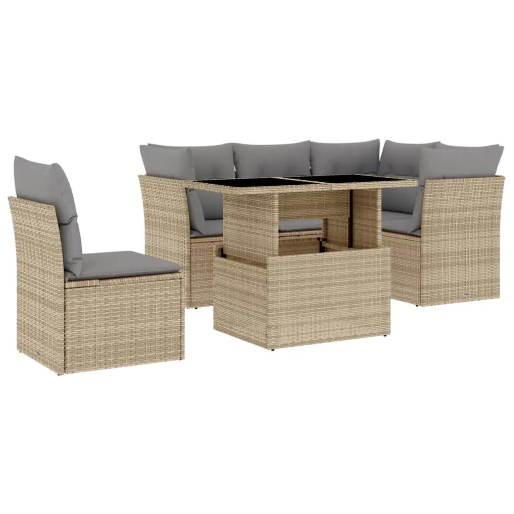 6 Piece Garden Sofa Set with Cushions Beige Poly Rattan 3266589 - Furniture