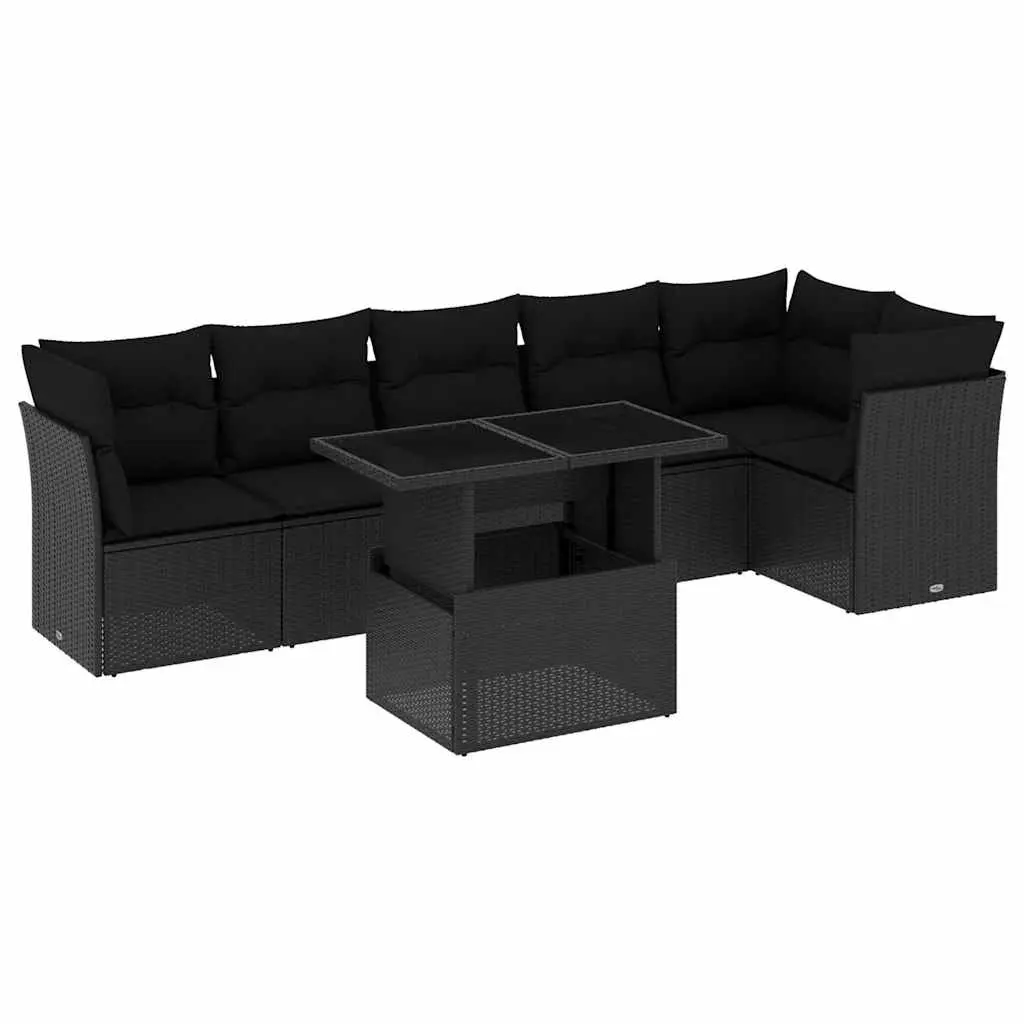 7 Piece Garden Sofa Set with Cushions Black Poly Rattan 3266595 - Furniture
