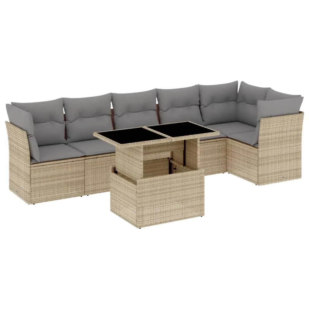 7 Piece Garden Sofa Set with Cushions Beige Poly Rattan 3266599 - Furniture