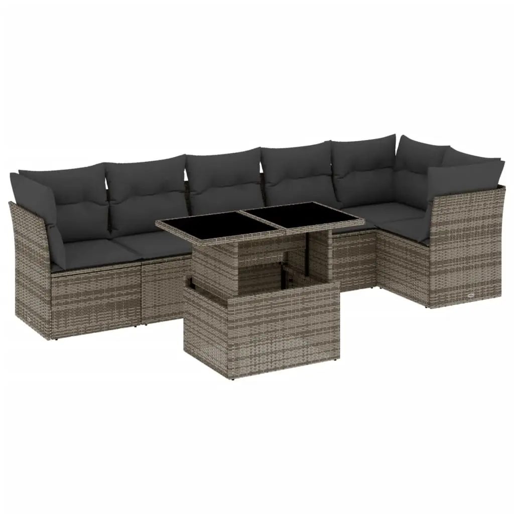 7 Piece Garden Sofa Set with Cushions Grey Poly Rattan 3266600 - Furniture