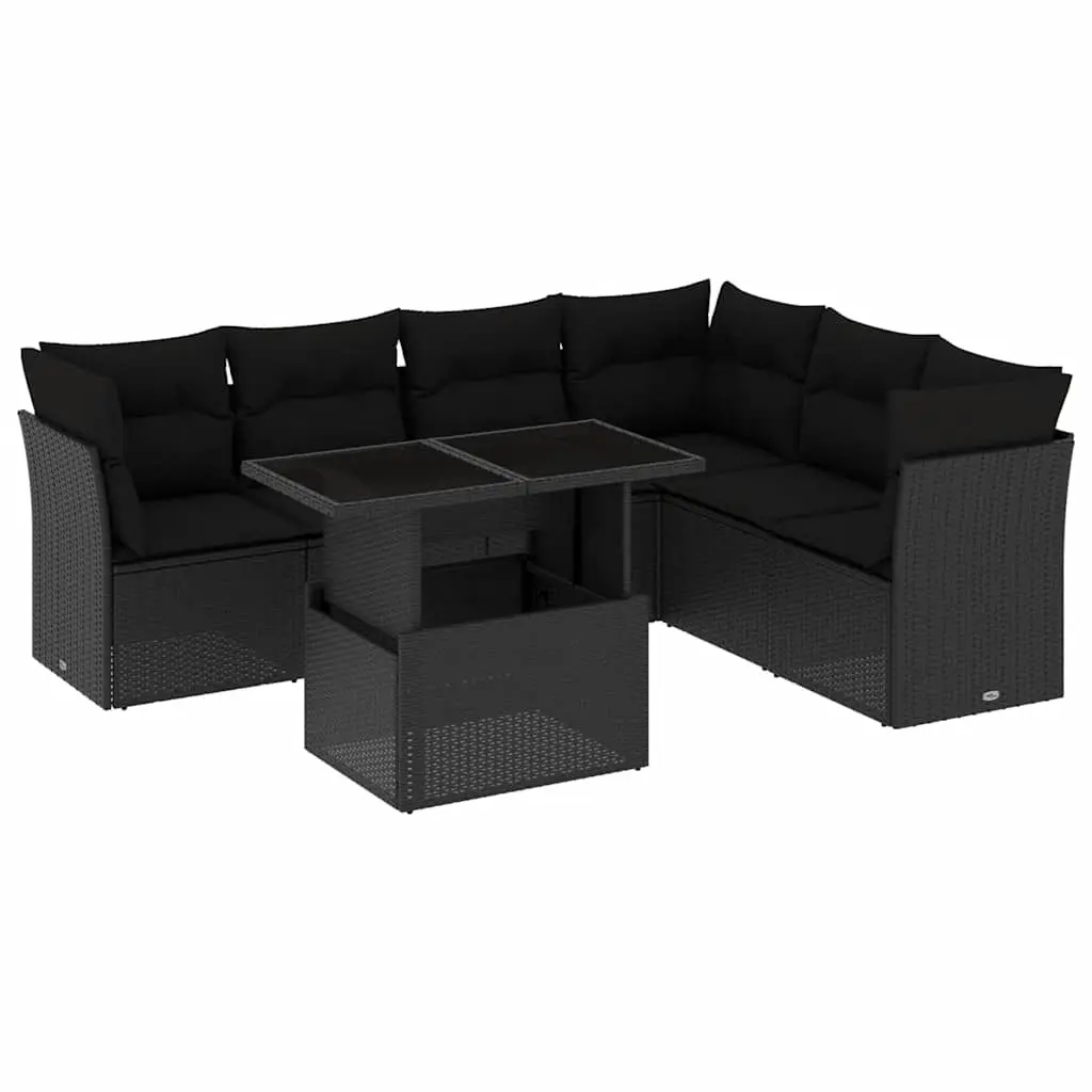 7 Piece Garden Sofa Set with Cushions Black Poly Rattan 3266605 - Furniture