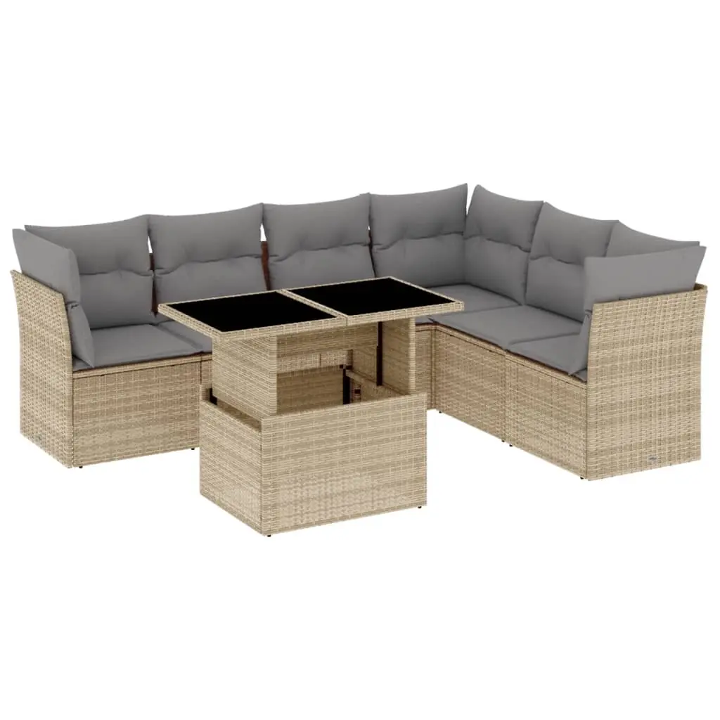 7 Piece Garden Sofa Set with Cushions Beige Poly Rattan 3266609 - Furniture