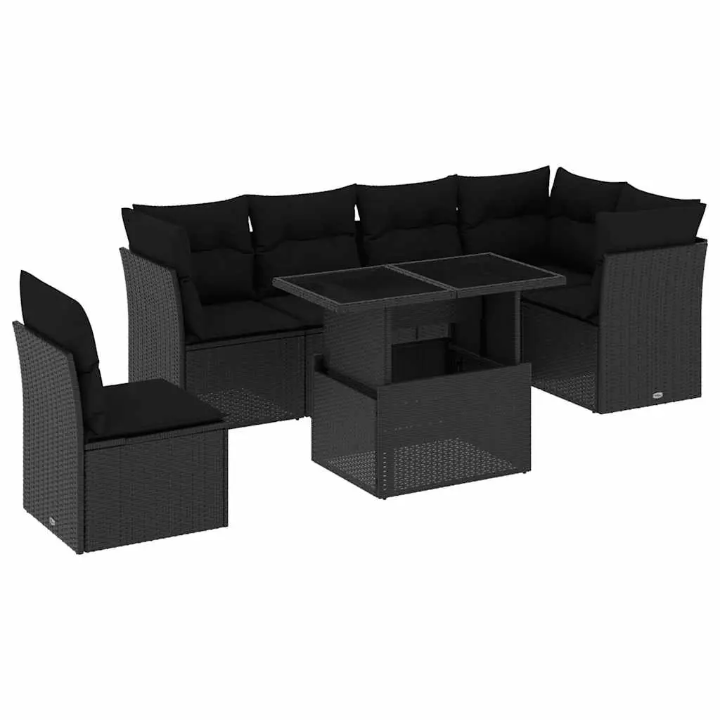 7 Piece Garden Sofa Set with Cushions Black Poly Rattan 3266615 - Furniture