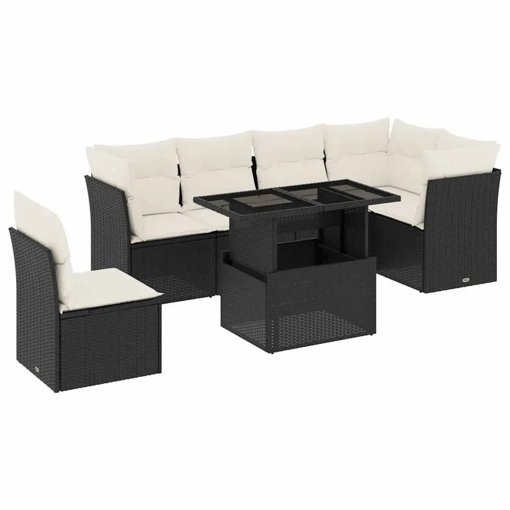 7 Piece Garden Sofa Set with Cushions Black Poly Rattan 3266616 - Furniture