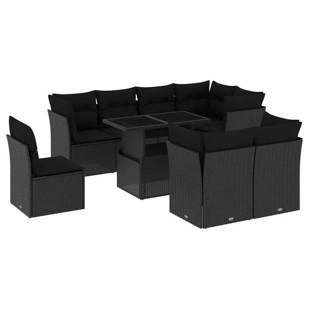 9 Piece Garden Sofa Set with Cushions Black Poly Rattan 3266725 - Furniture
