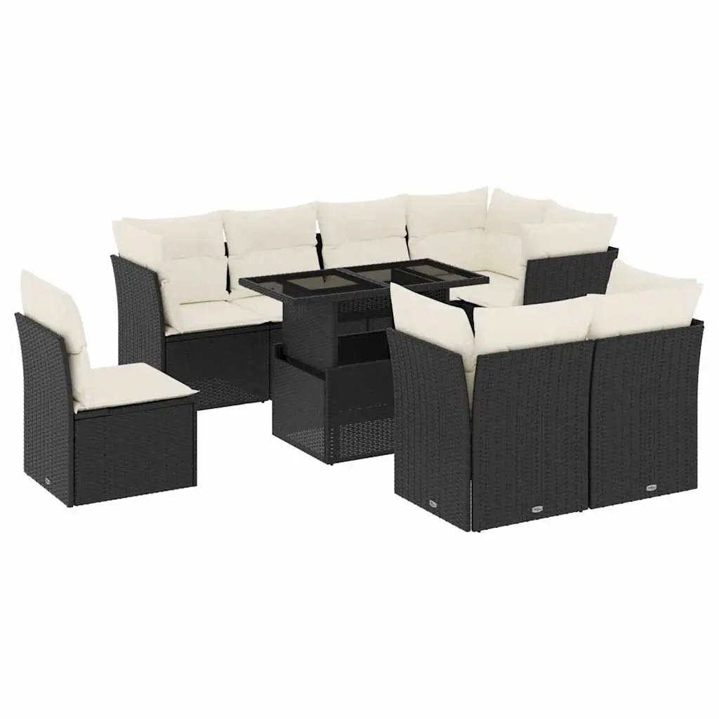9 Piece Garden Sofa Set with Cushions Black Poly Rattan 3266726 - Furniture