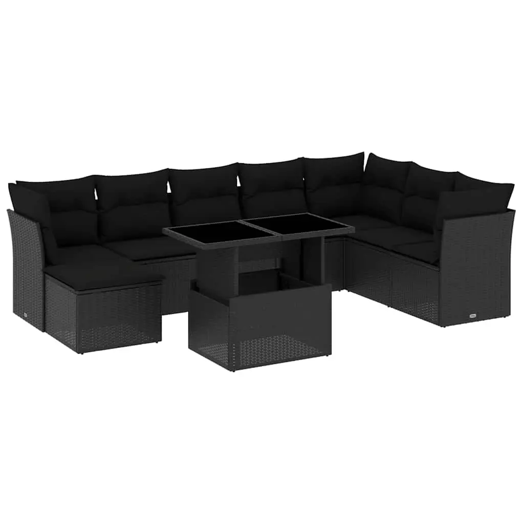 9 Piece Garden Sofa Set with Cushions Black Poly Rattan 3266785 - Furniture
