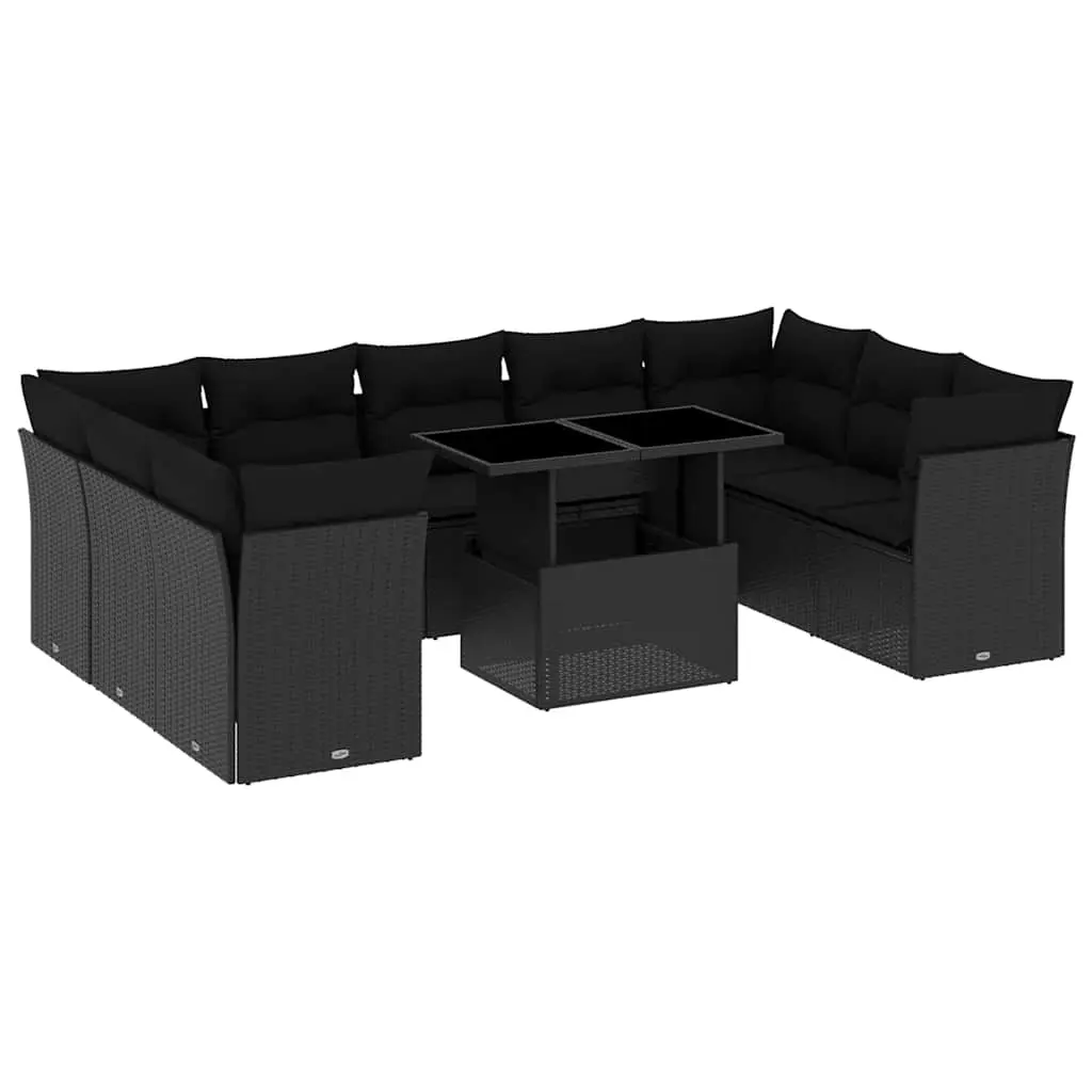 10 Piece Garden Sofa Set with Cushions Black Poly Rattan 3266815 - Furniture