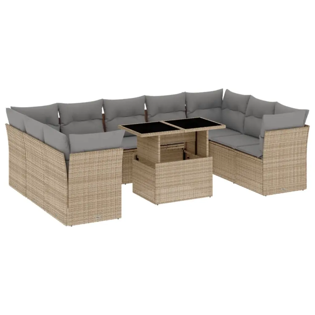 10 Piece Garden Sofa Set with Cushions Beige Poly Rattan 3266819 - Furniture