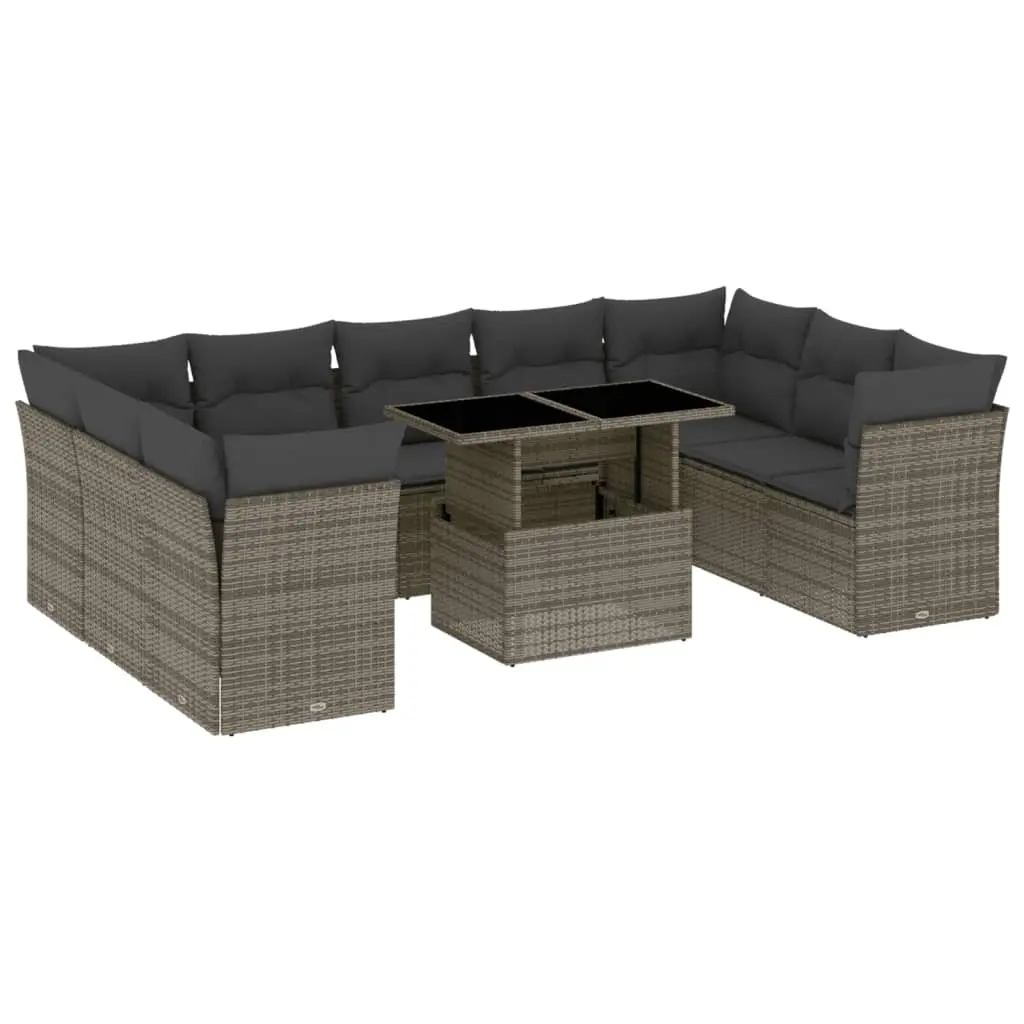 10 Piece Garden Sofa Set with Cushions Grey Poly Rattan 3266820 - Furniture