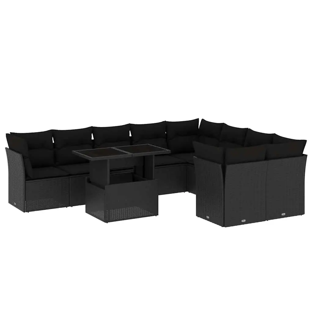 10 Piece Garden Sofa Set with Cushions Black Poly Rattan 3266835 - Furniture