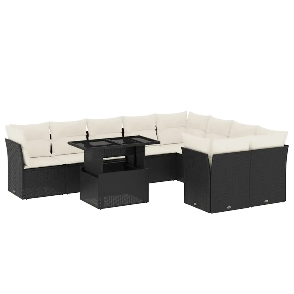10 Piece Garden Sofa Set with Cushions Black Poly Rattan 3266836 - Furniture