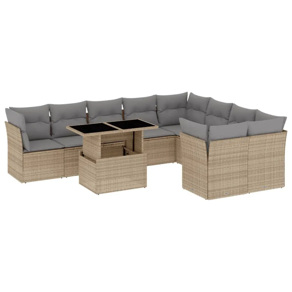 10 Piece Garden Sofa Set with Cushions Beige Poly Rattan 3266839 - Furniture
