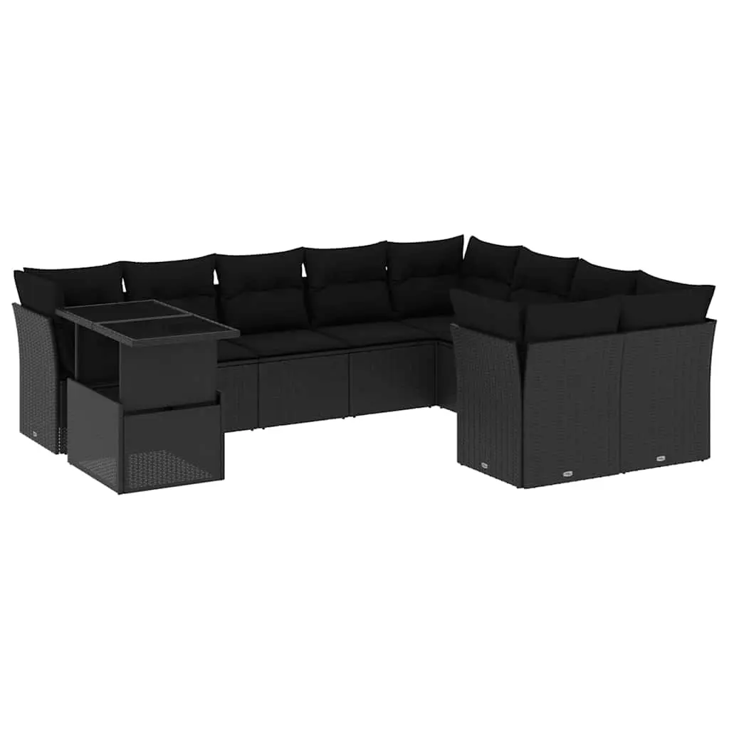 10 Piece Garden Sofa Set with Cushions Black Poly Rattan 3266845 - Furniture