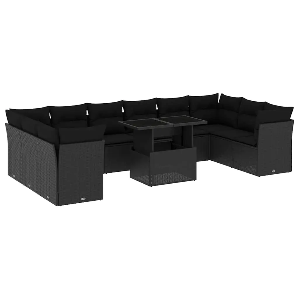 11 Piece Garden Sofa Set with Cushions Black Poly Rattan 3266855 - Furniture