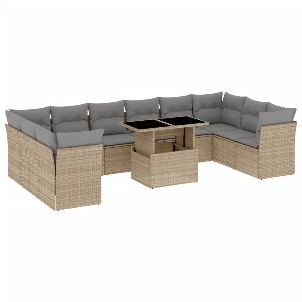 11 Piece Garden Sofa Set with Cushions Beige Poly Rattan 3266859 - Furniture