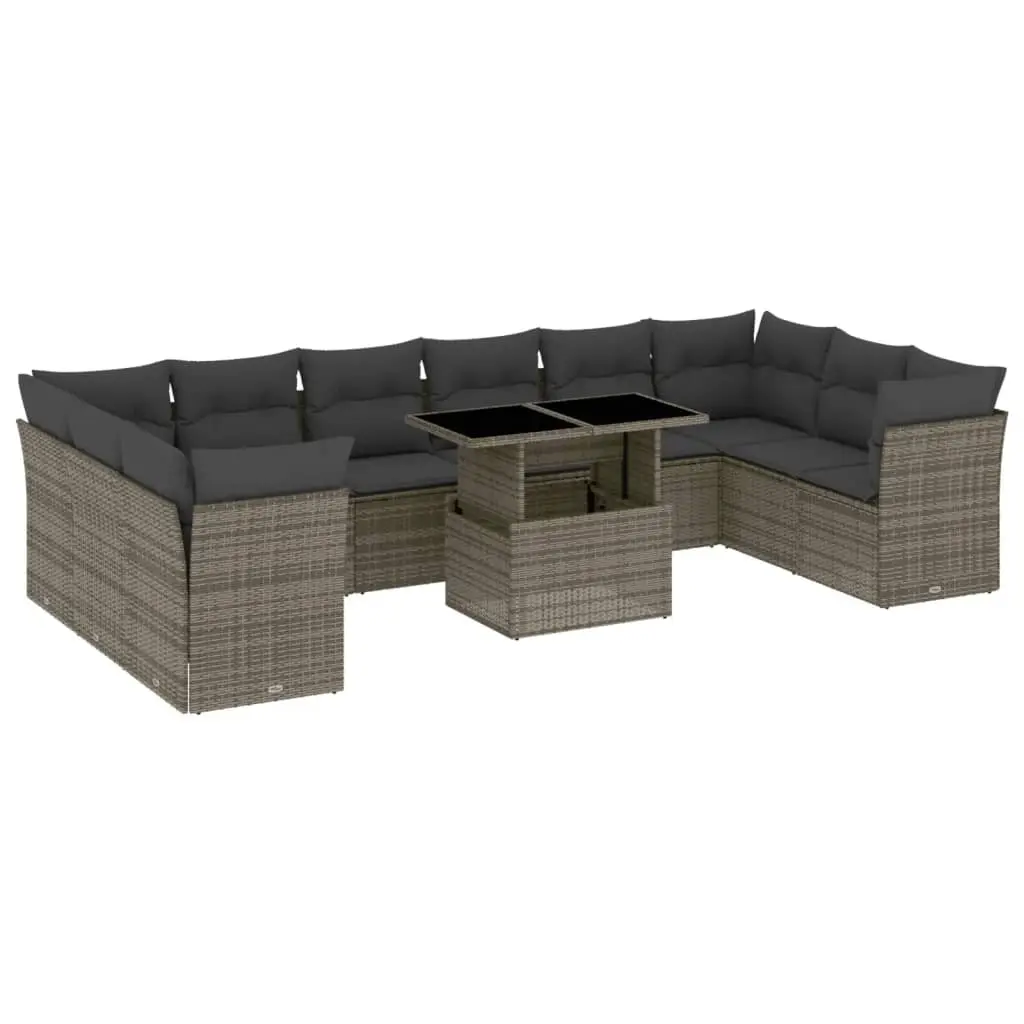 11 Piece Garden Sofa Set with Cushions Grey Poly Rattan 3266860 - Furniture