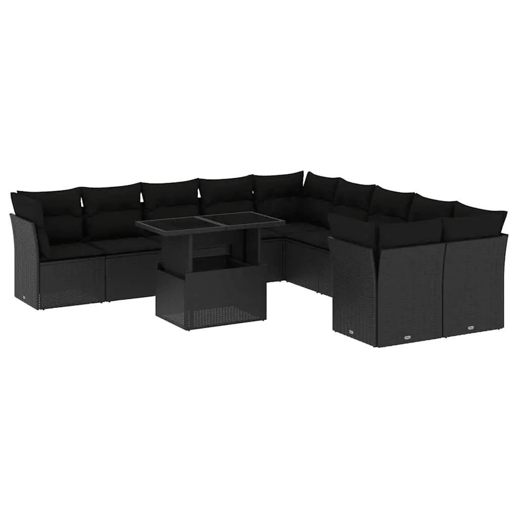 11 Piece Garden Sofa Set with Cushions Black Poly Rattan 3266875 - Furniture