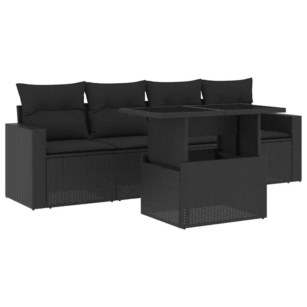 5 Piece Garden Sofa Set with Cushions Black Poly Rattan 3267095 - Furniture