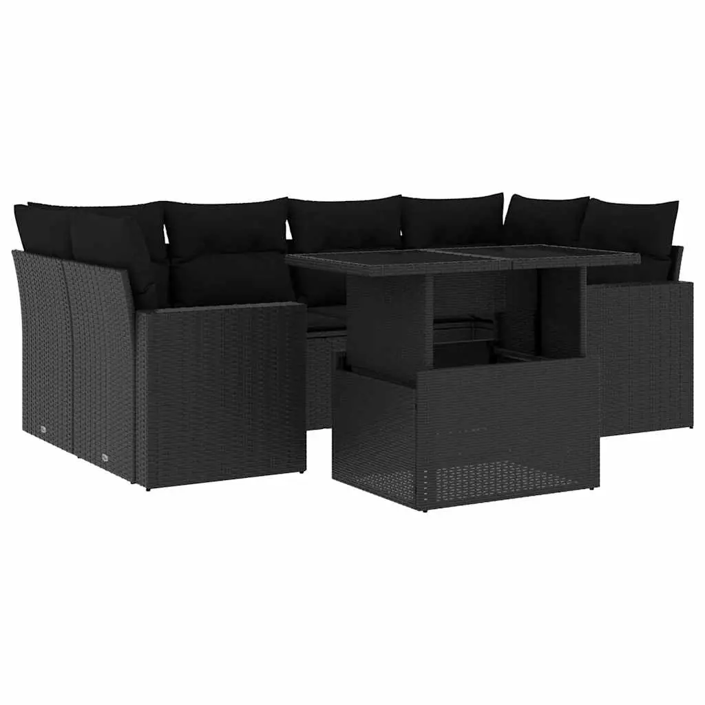 7 Piece Garden Sofa Set with Cushions Black Poly Rattan 3267125 - Furniture