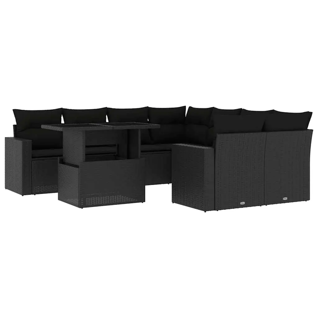9 Piece Garden Sofa Set with Cushions Black Poly Rattan 3267165 - Furniture