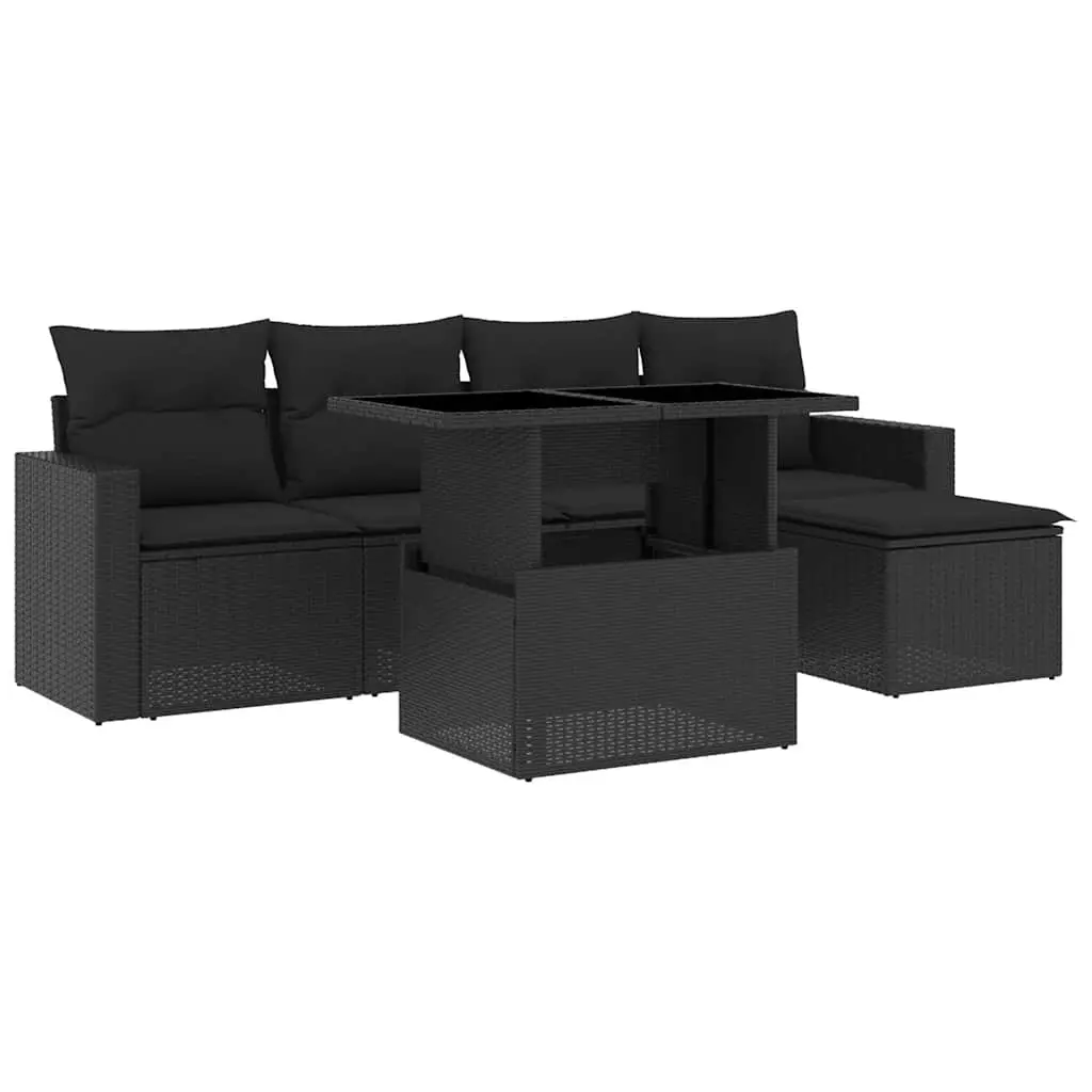 6 Piece Garden Sofa Set with Cushions Black Poly Rattan 3267235 - Furniture