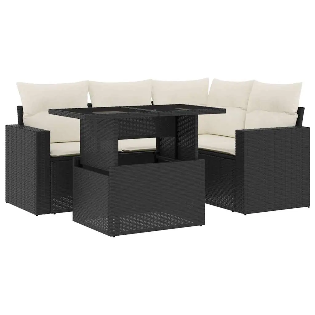 5 Piece Garden Sofa Set with Cushions Black Poly Rattan 3267246 - Furniture