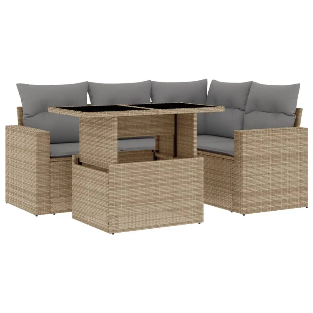 5 Piece Garden Sofa Set with Cushions Beige Poly Rattan 3267249 - Furniture