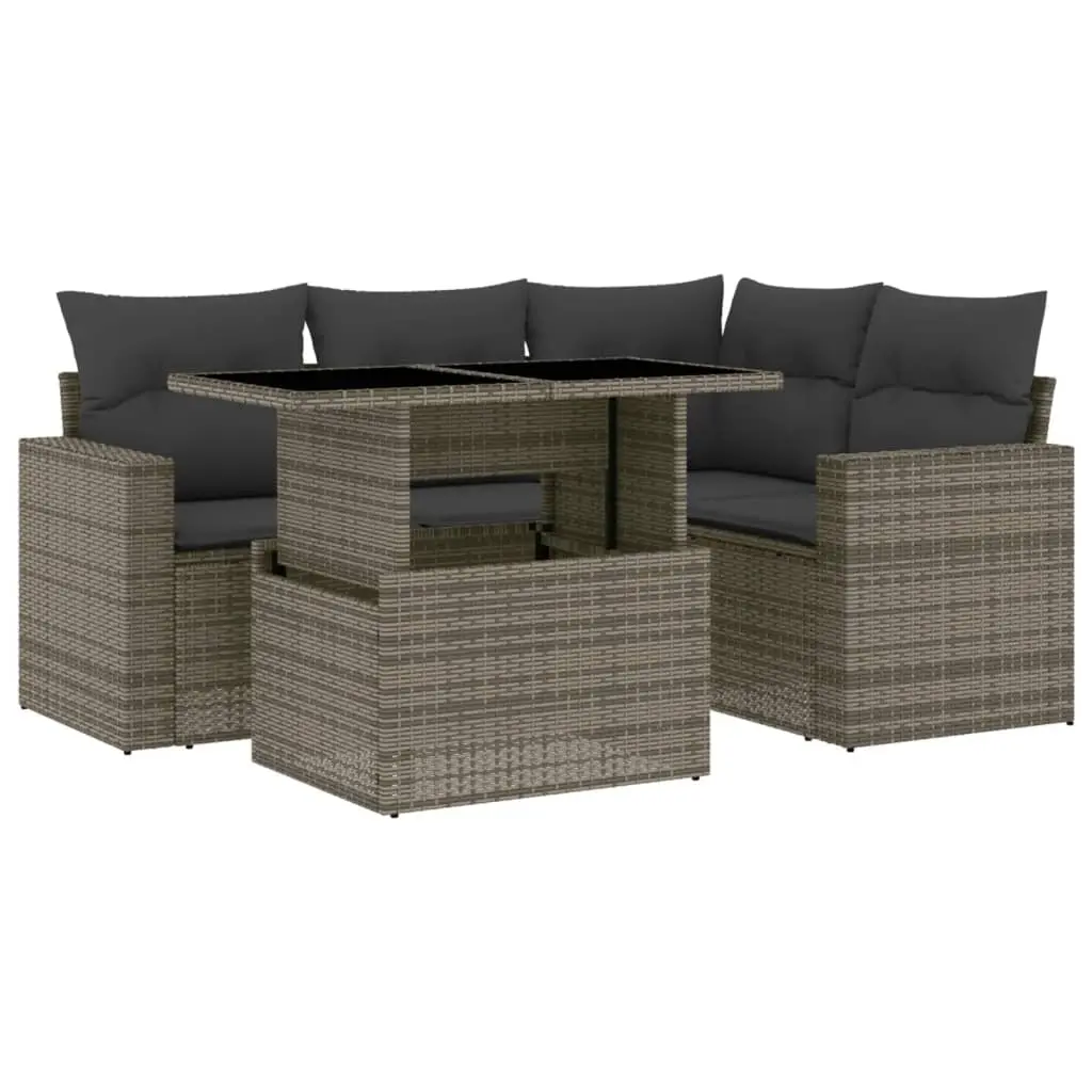 5 Piece Garden Sofa Set with Cushions Grey Poly Rattan 3267250 - Furniture