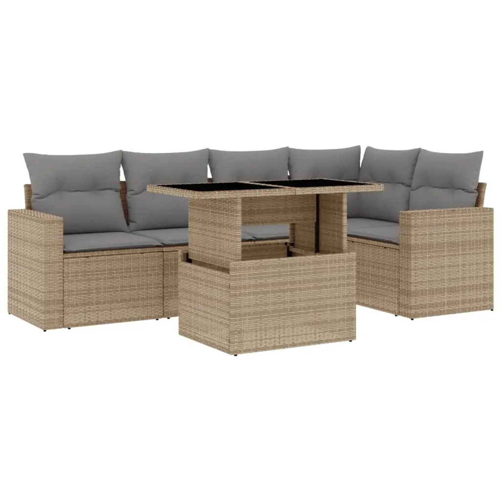 6 Piece Garden Sofa Set with Cushions Beige Poly Rattan 3267259 - Furniture