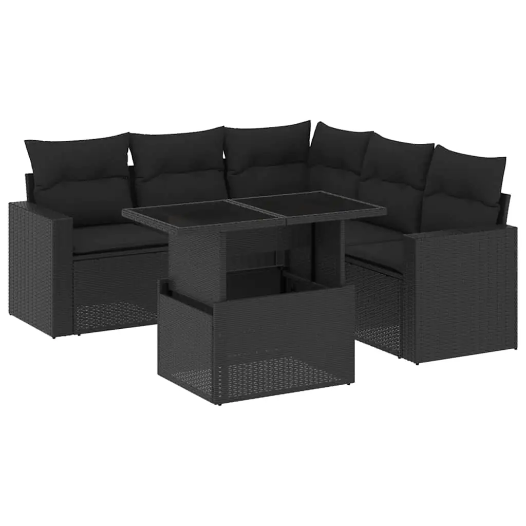 6 Piece Garden Sofa Set with Cushions Black Poly Rattan 3267265 - Furniture