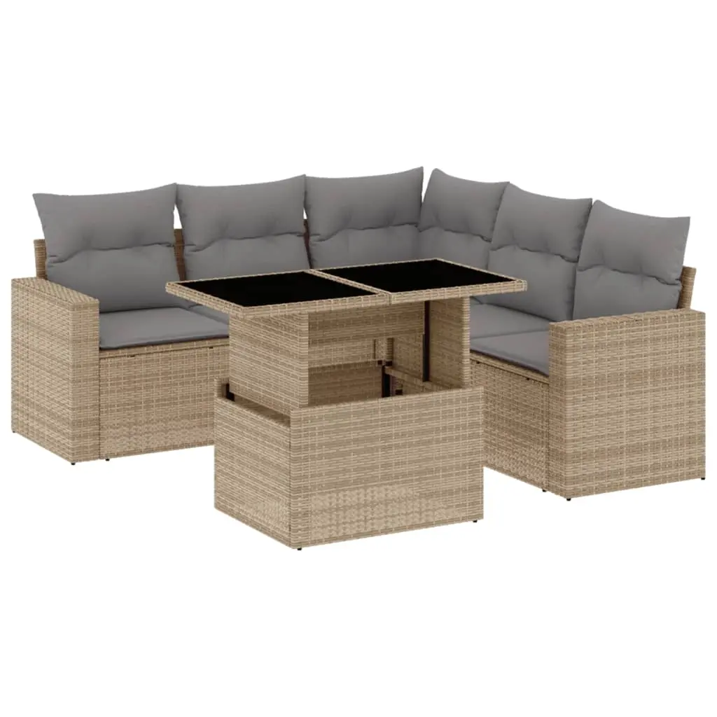 6 Piece Garden Sofa Set with Cushions Beige Poly Rattan 3267269 - Furniture