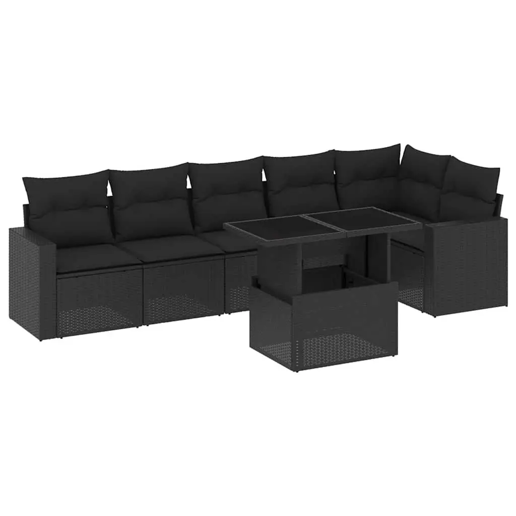 7 Piece Garden Sofa Set with Cushions Black Poly Rattan 3267285 - Furniture