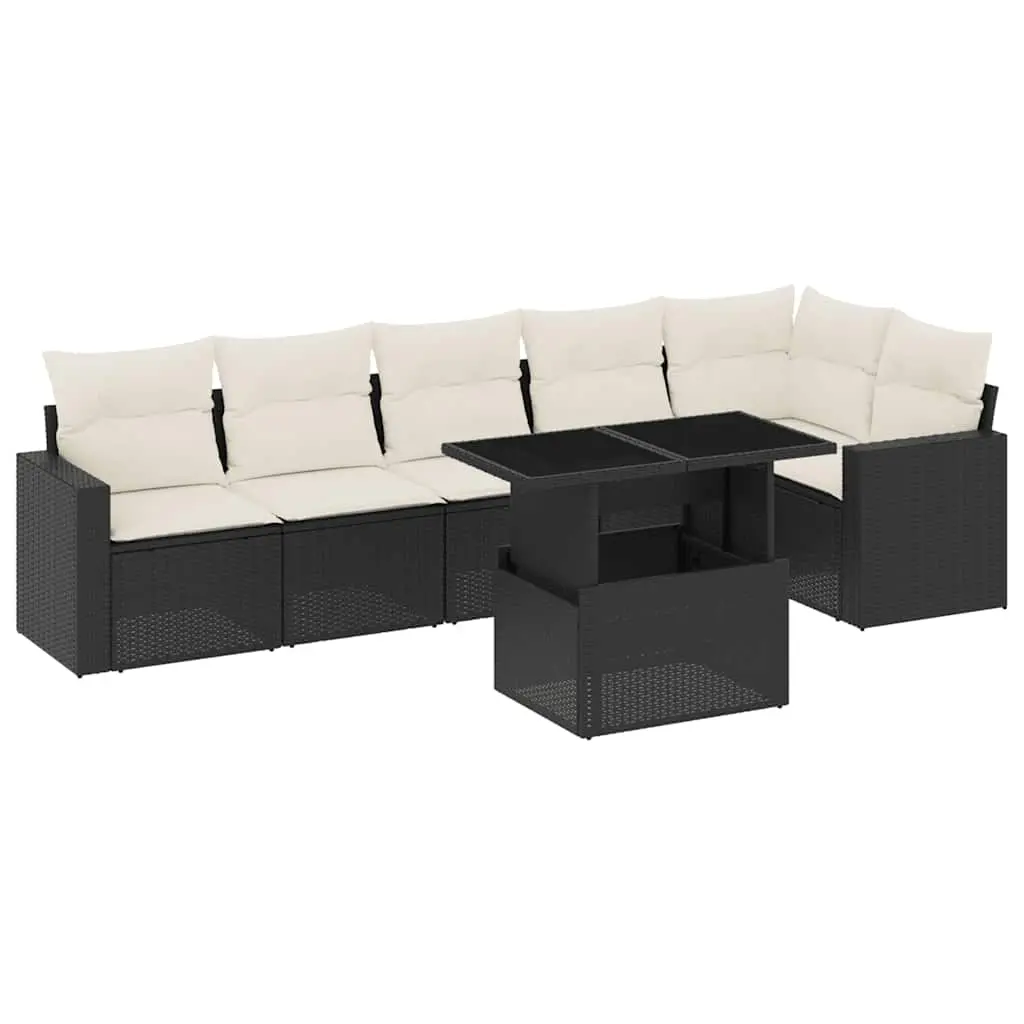 7 Piece Garden Sofa Set with Cushions Black Poly Rattan 3267286 - Furniture