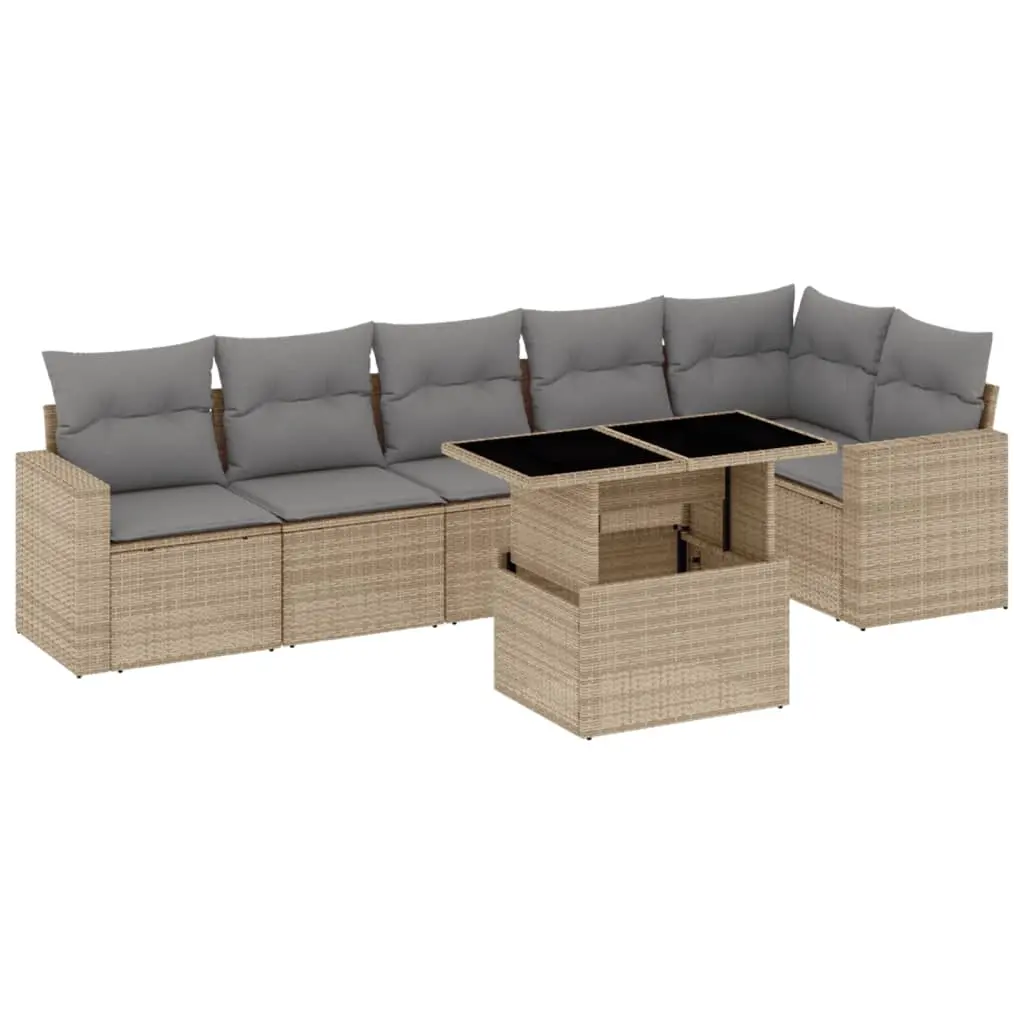 7 Piece Garden Sofa Set with Cushions Beige Poly Rattan 3267289 - Furniture
