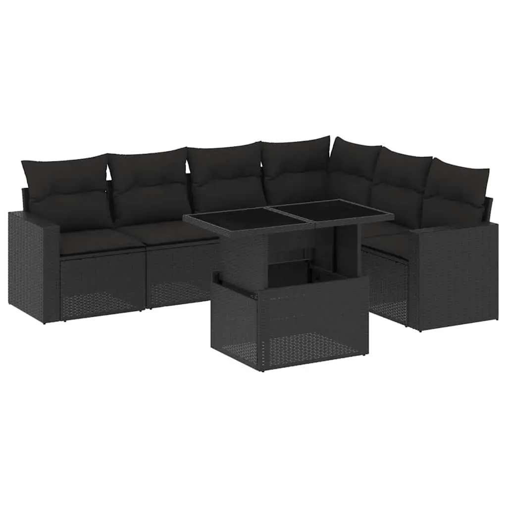 7 Piece Garden Sofa Set with Cushions Black Poly Rattan 3267295 - Furniture