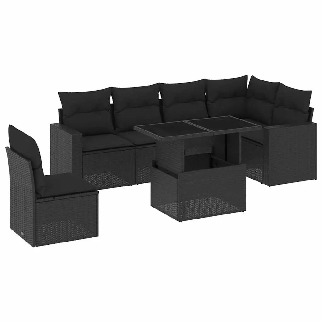 7 Piece Garden Sofa Set with Cushions Black Poly Rattan 3267305 - Furniture