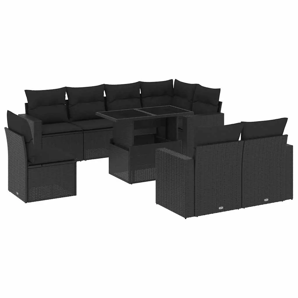 9 Piece Garden Sofa Set with Cushions Black Poly Rattan 3267405 - Furniture