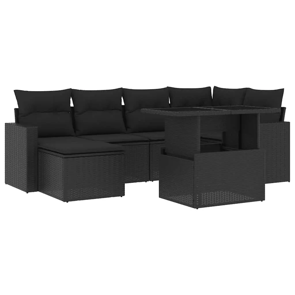 7 Piece Garden Sofa Set with Cushions Black Poly Rattan 3267415 - Furniture