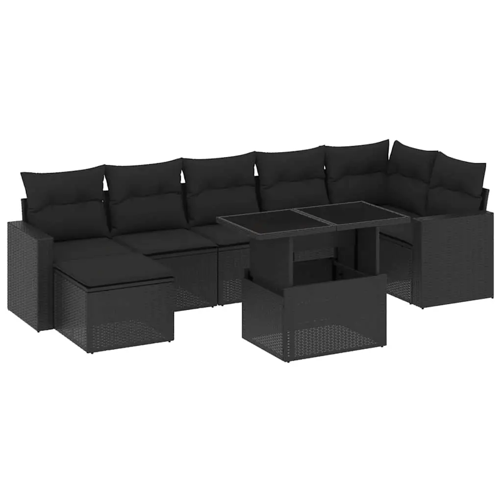 8 Piece Garden Sofa Set with Cushions Black Poly Rattan 3267425 - Furniture