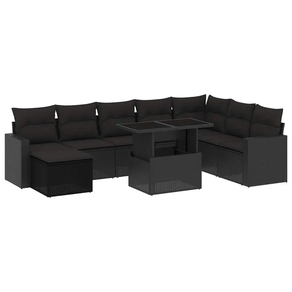 9 Piece Garden Sofa Set with Cushions Black Poly Rattan 3267465 - Furniture