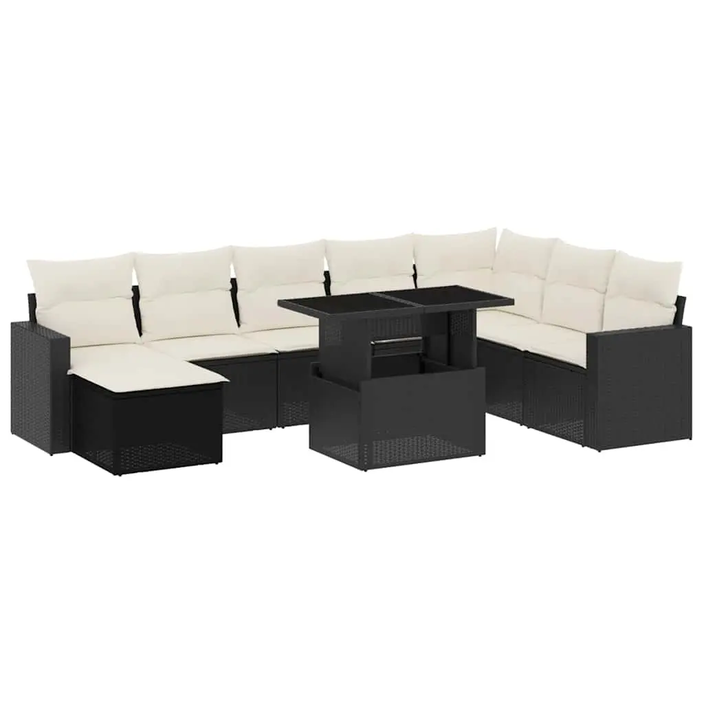 9 Piece Garden Sofa Set with Cushions Black Poly Rattan 3267466 - Furniture